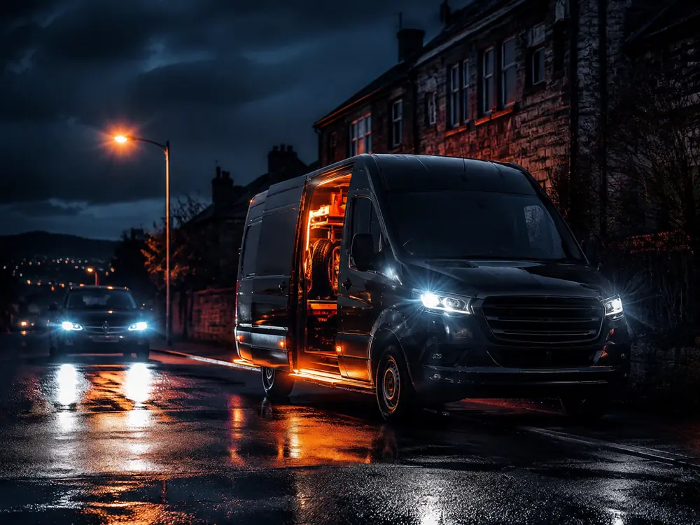Premium mobile tyre fitting van at night in Wakefield