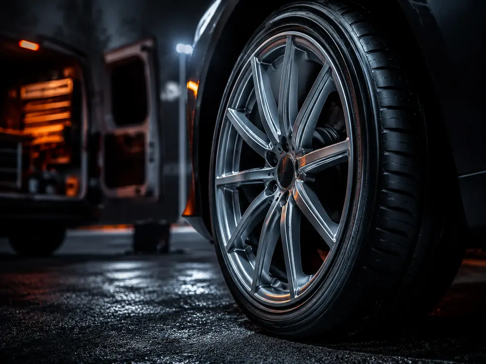 Brand new premium tyre being mounted onto a high-end alloy wheel