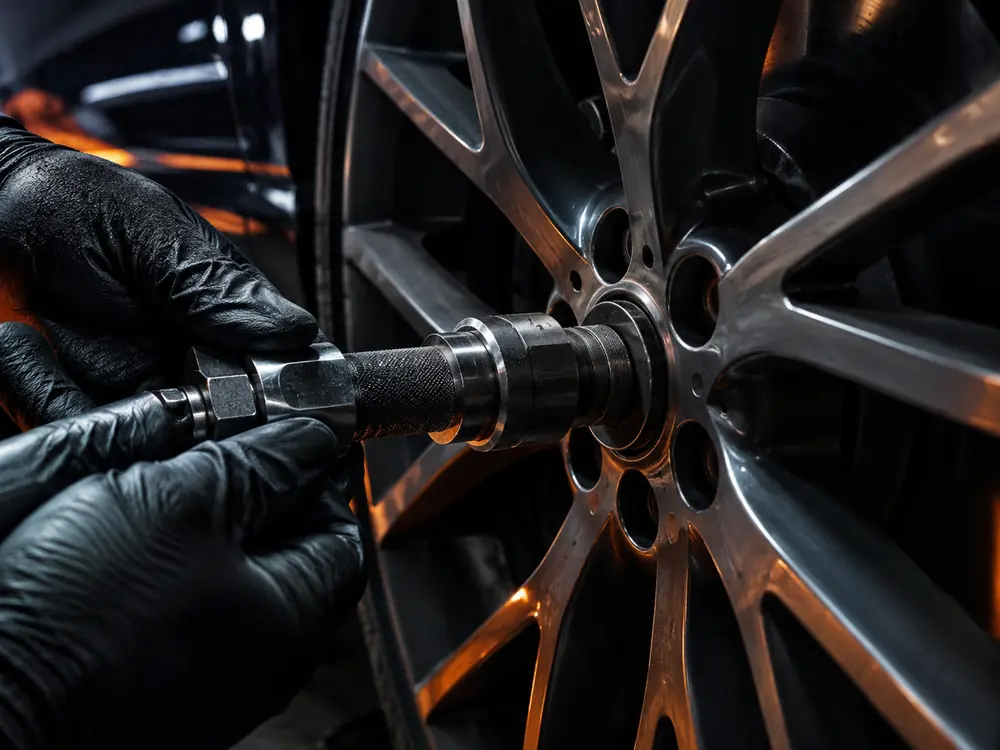 Specialized locking wheel nut removal tool in action